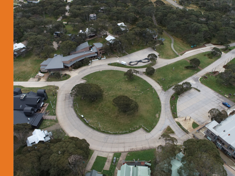 Dinner Plain entrance roundabout taken from an aerial view point